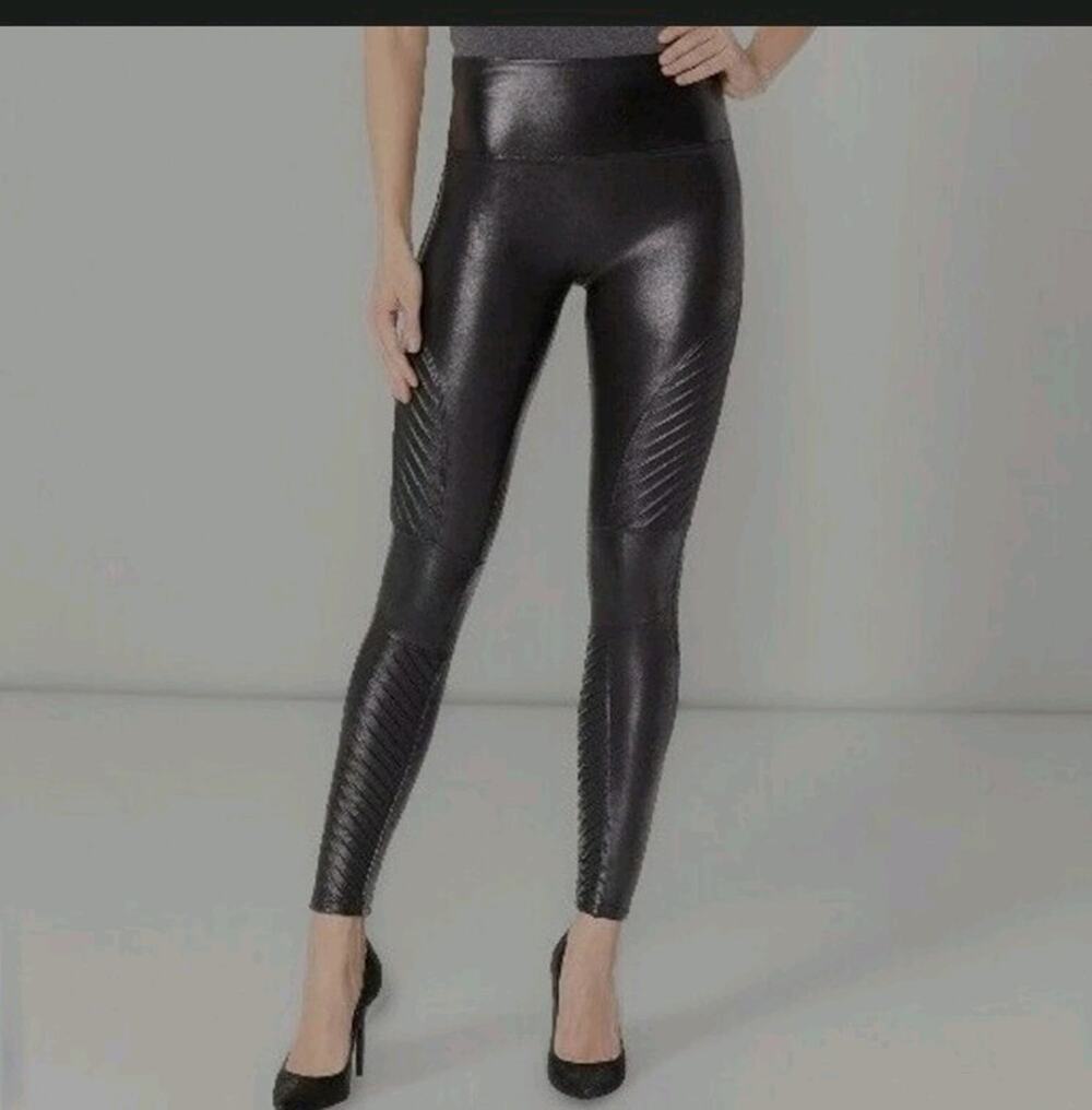 Spanx Faux Leather Leggings Wome's Size XS Black/Gray Shape Wear Ribbed